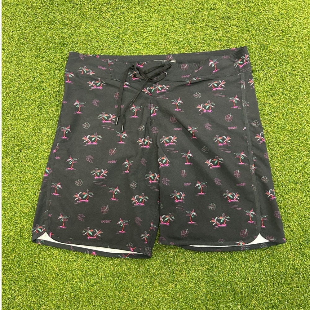 Oakley Mens Black Tropical Palm Tree Hibiscus Board Shorts Swim Trunks Size 37